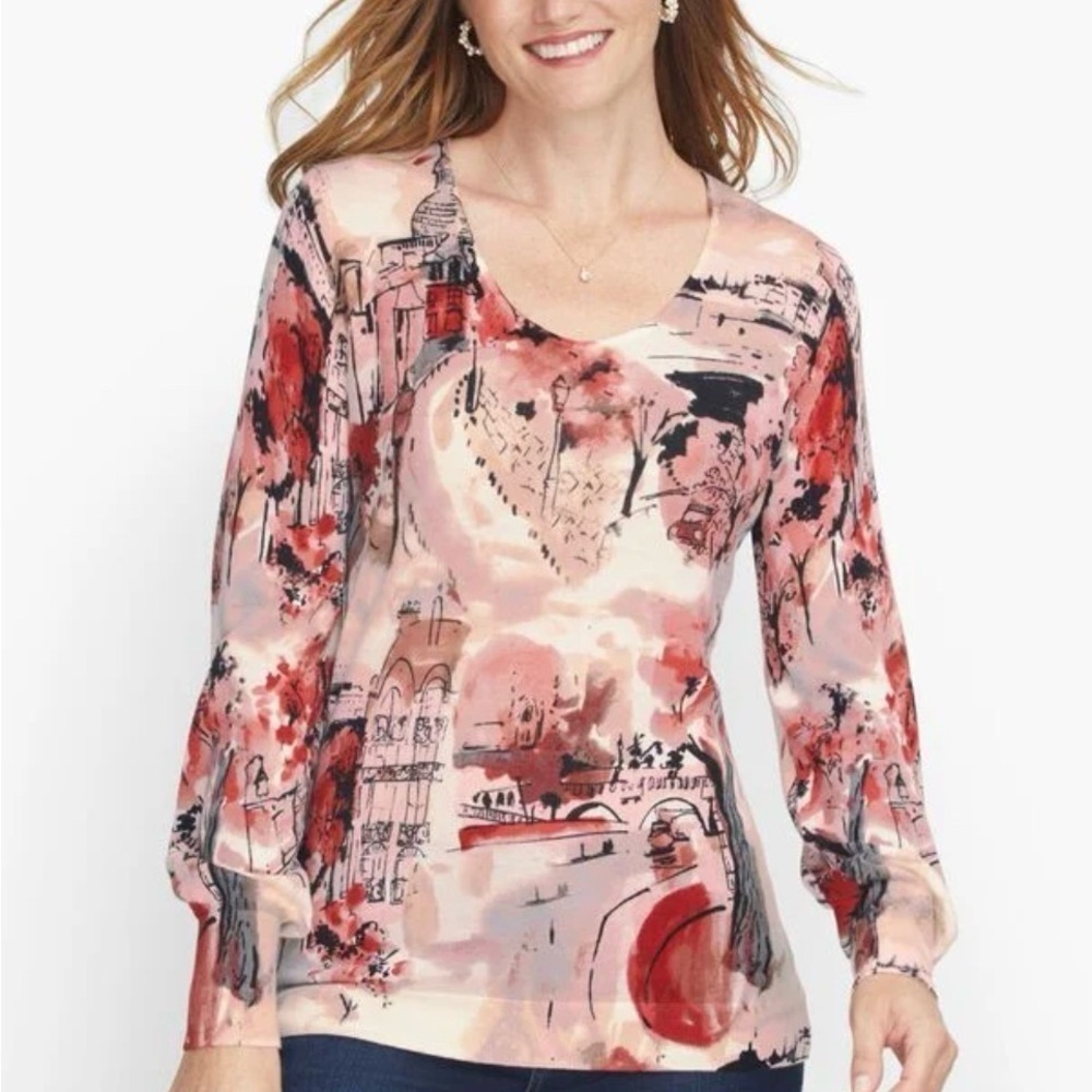 NWT Talbots Soft Merino V-neck Sweater Scenic Autumn City Square print warm 3X - Picture 10 of 10